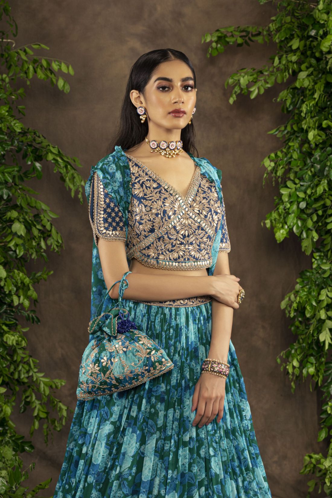 Blue floral printed Georgette lehnga set