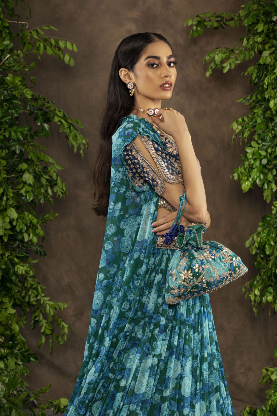 Blue floral printed Georgette lehnga set