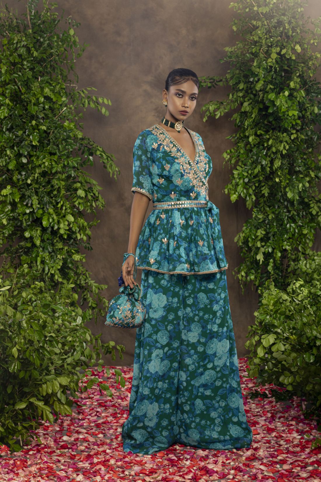 Blue green floral print Georgette palazzo set