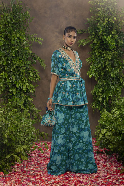Blue green floral print Georgette palazzo set