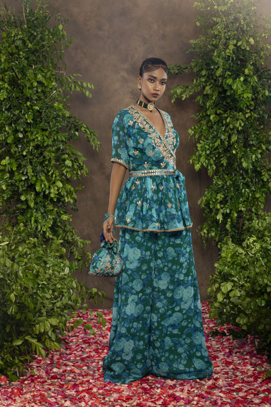 Blue green floral print Georgette palazzo set
