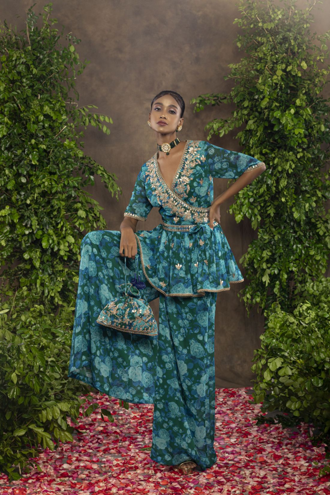 Blue green floral print Georgette palazzo set