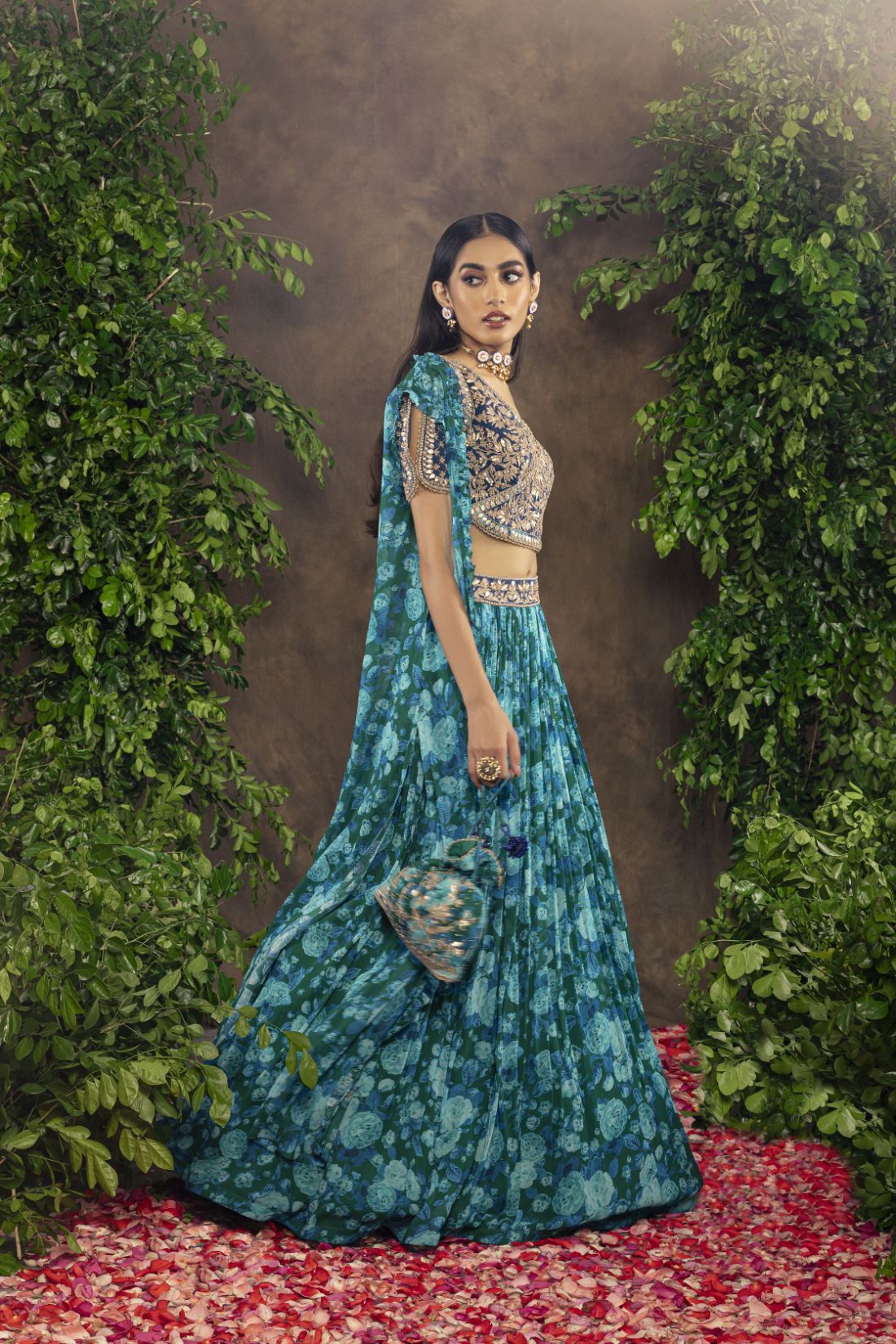 Blue floral printed Georgette lehnga set