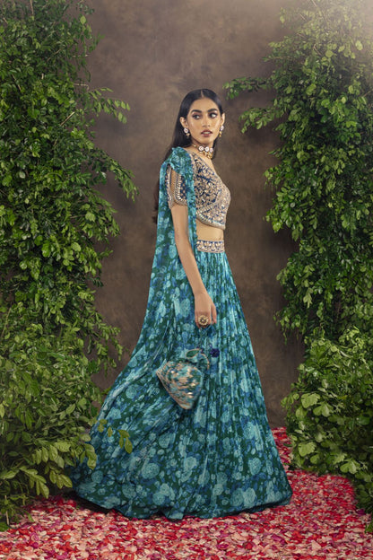 Blue floral printed Georgette lehnga set