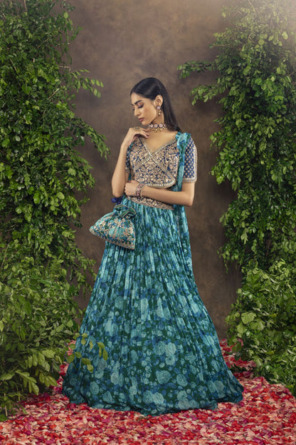 Blue floral printed Georgette lehnga set