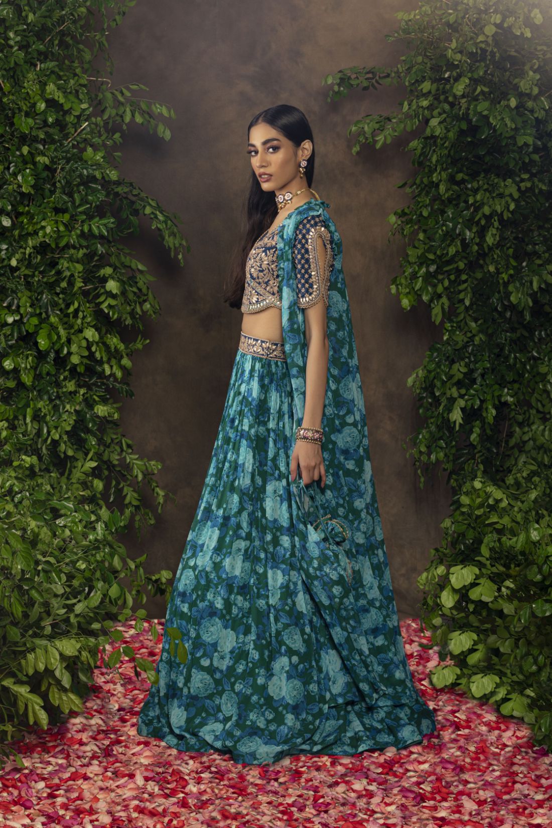 Blue floral printed Georgette lehnga set