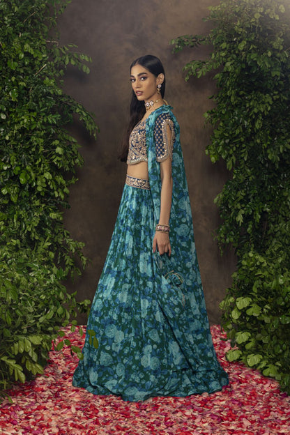 Blue floral printed Georgette lehnga set
