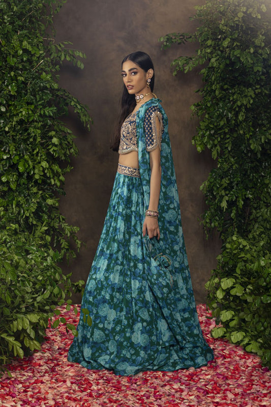 Blue floral printed Georgette lehnga set