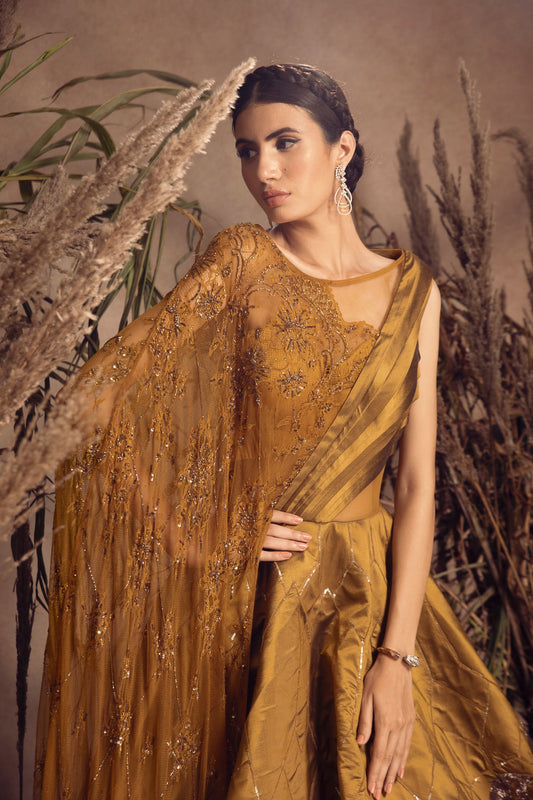 Mehendi Green Silk Tafte Gown