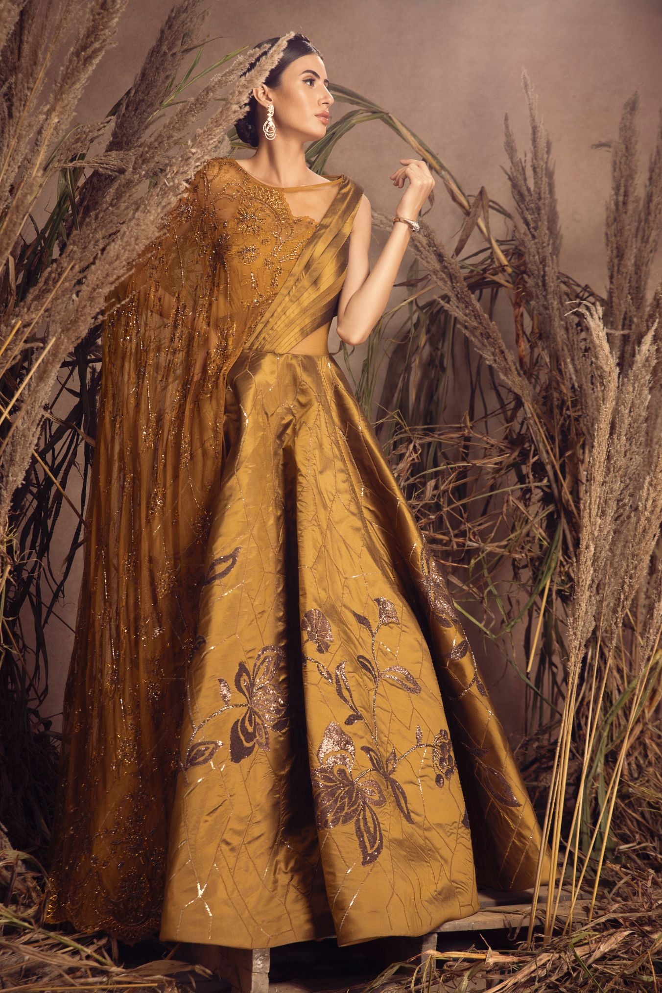 Mehendi Green Silk Tafte Gown