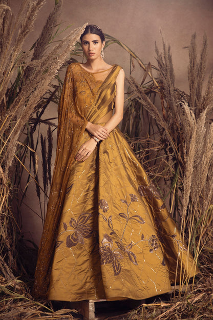 Mehendi Green Silk Tafte Gown
