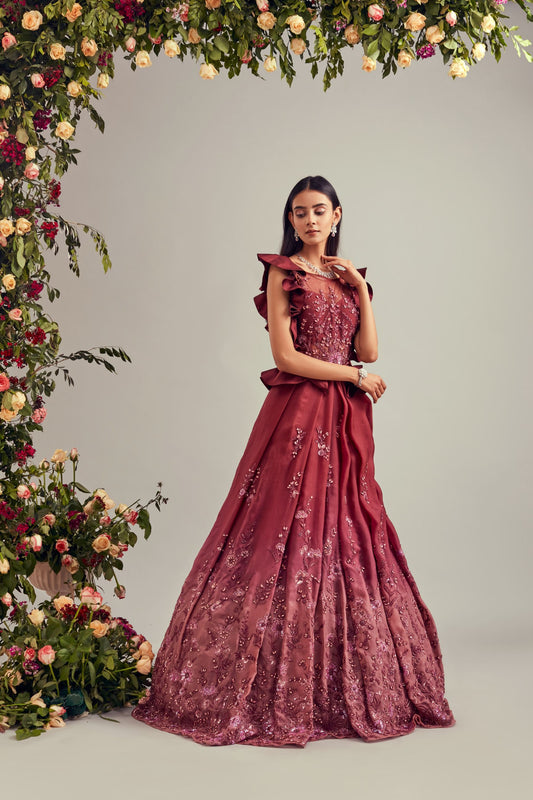 Wine Shaded Organza Gown