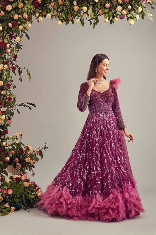 Wine Shaded Feather Gown