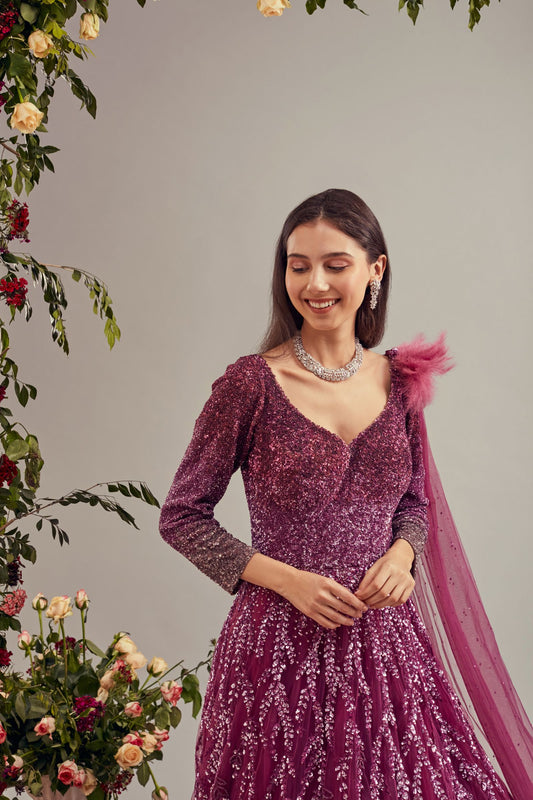 Wine Shaded Feather Gown