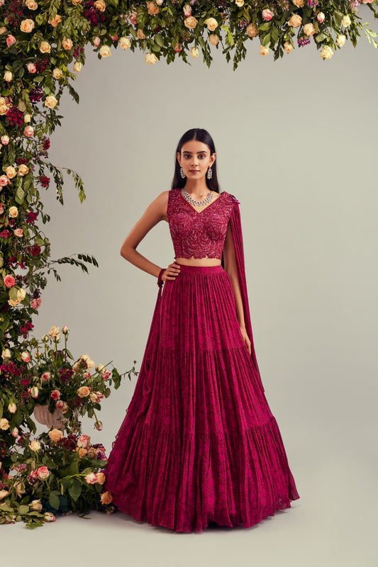Wine Printed Lehenga