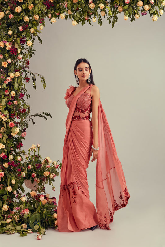 Dusty Coral Drape Saree