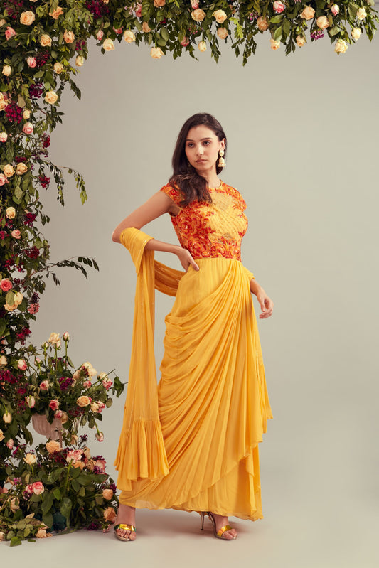 Yellow Georgette Drape Dress