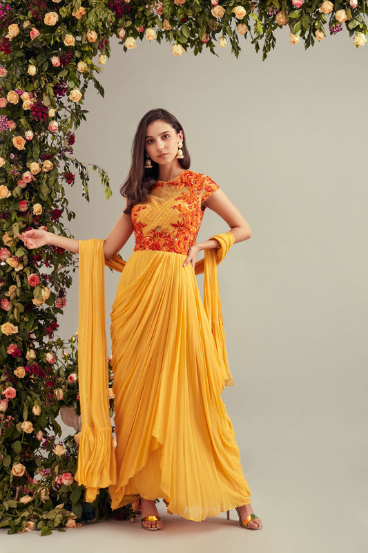Yellow Georgette Drape Dress
