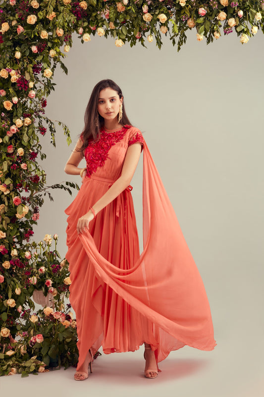 Peach Georgette Drape Dress